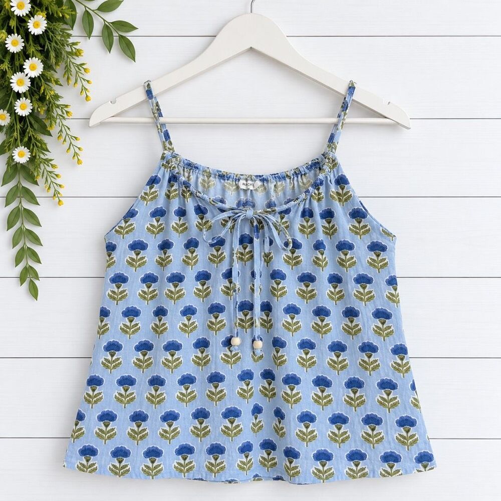 Midnight Sky block print blue linen tank size large